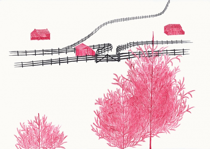 5 Zeichnungen aus der Serie Haus, Baum und Zaun